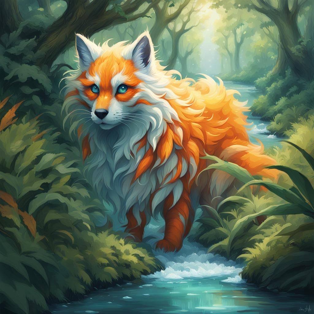 Kitsune in Lush Forest: Fantasy Concept Art