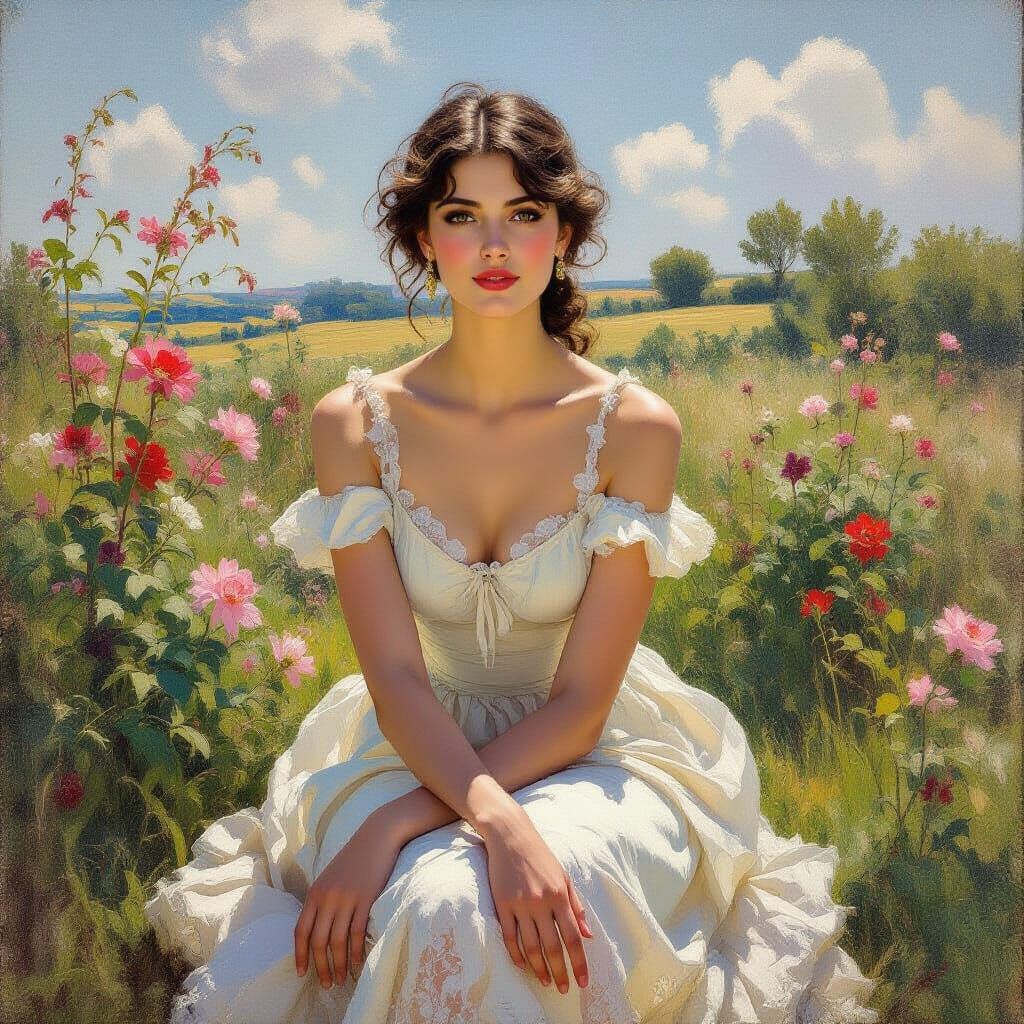 Elegant Woman in Peach Lace Dress, Impressionistic Style