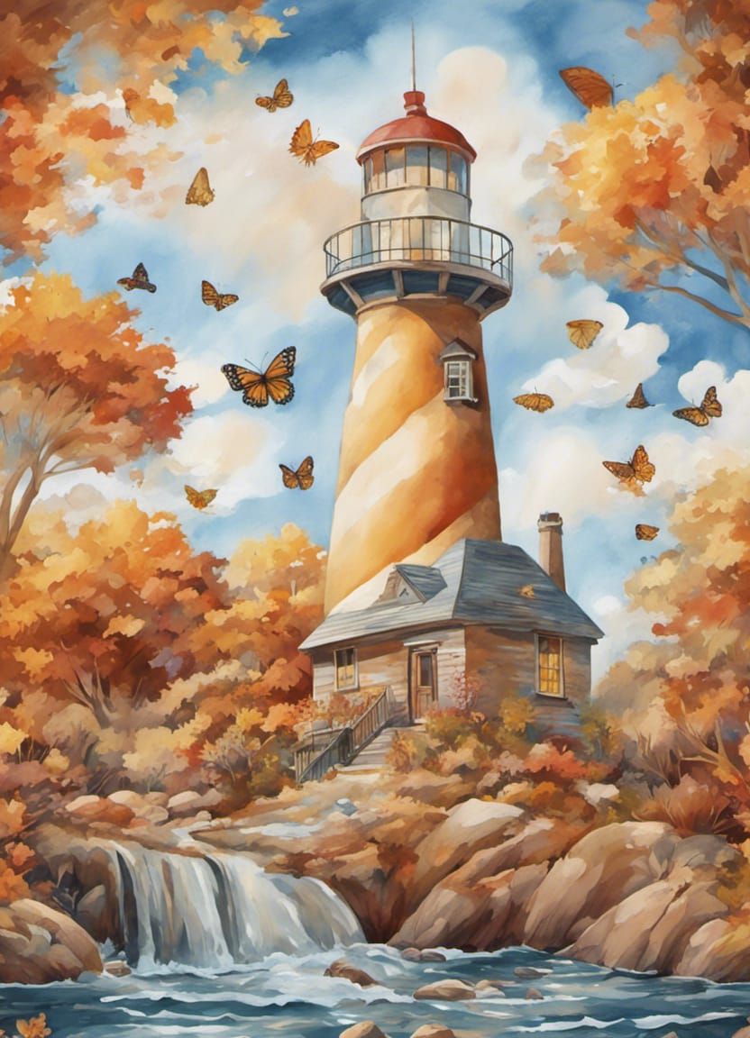 Enchanted Autumn Lighthouse with Palm Trees in Watercolor