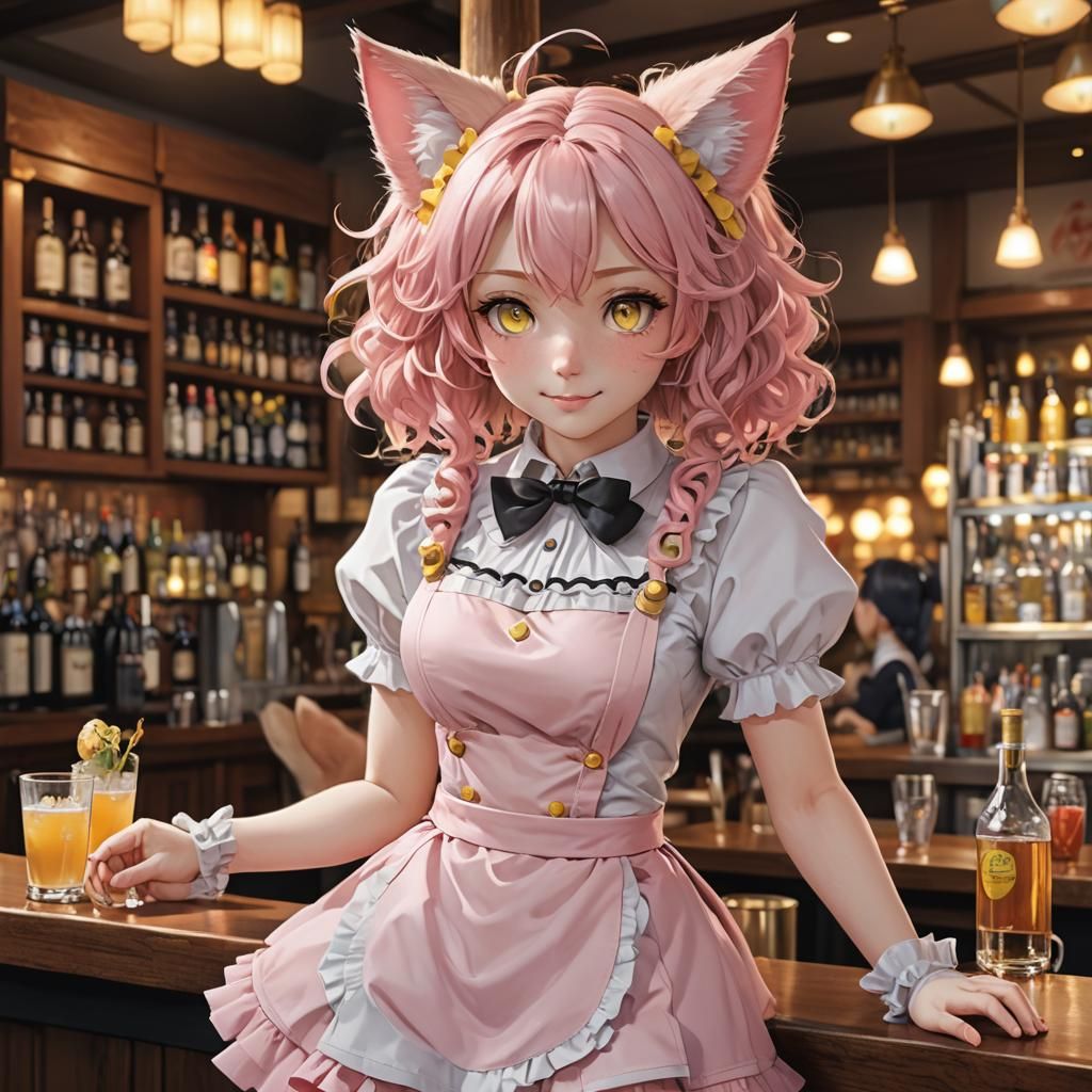 Anime Girl with Cat Features in Bar, 3D Render