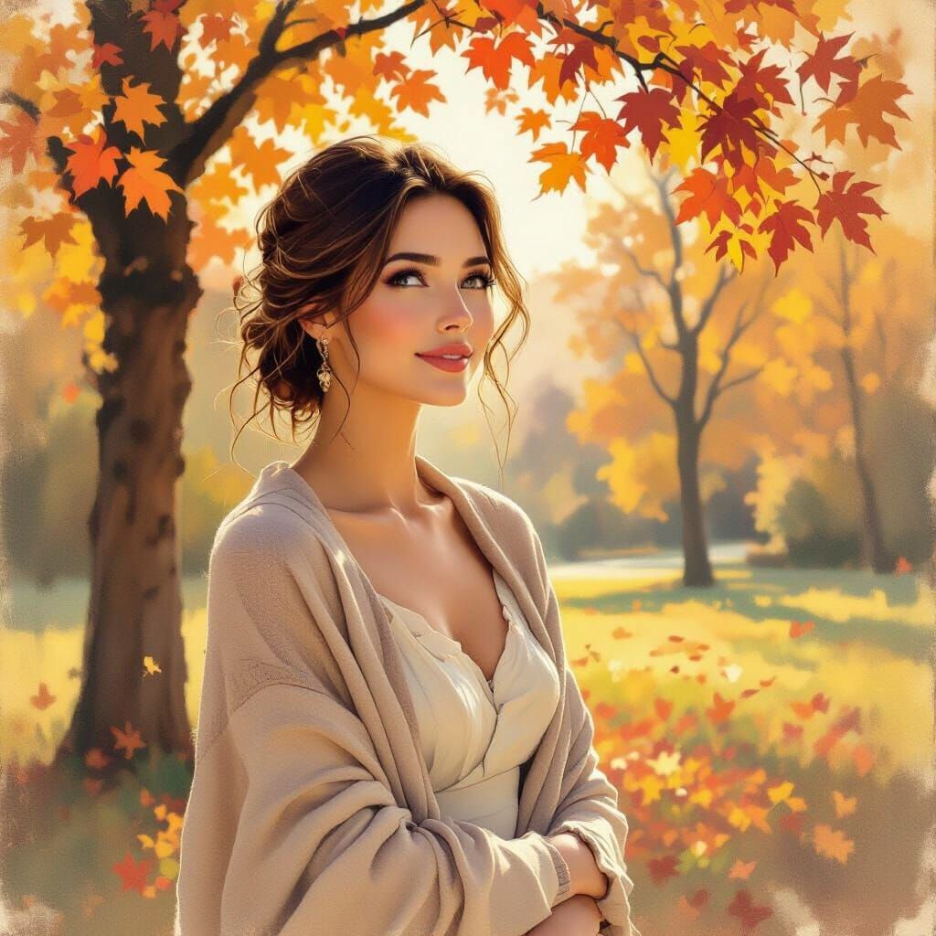Elegant Woman in Autumn Colors Admiring Foliage