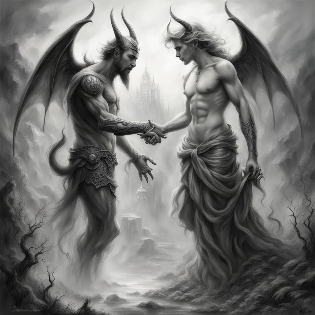 God and Devil Handshake: Detailed Tattoo Sketch
