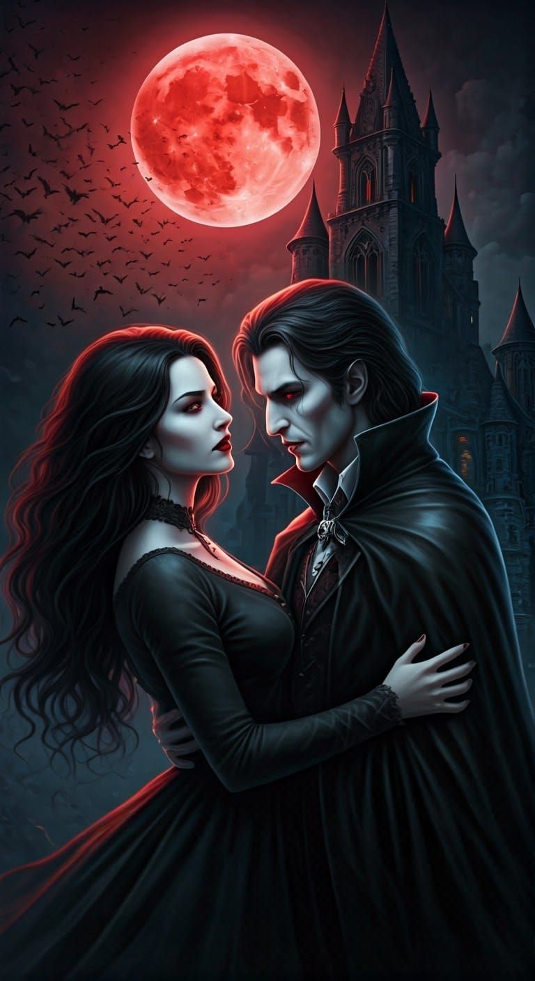 Ethereal Vampire Couple Embracing in Gothic Castle Under Ful...