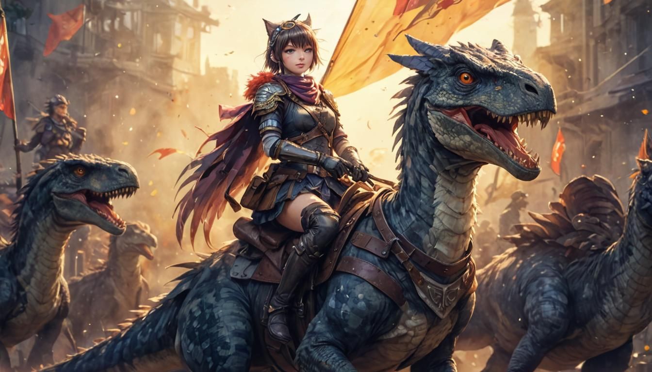 Anime Catgirl Rides Velociraptor in Digital Art