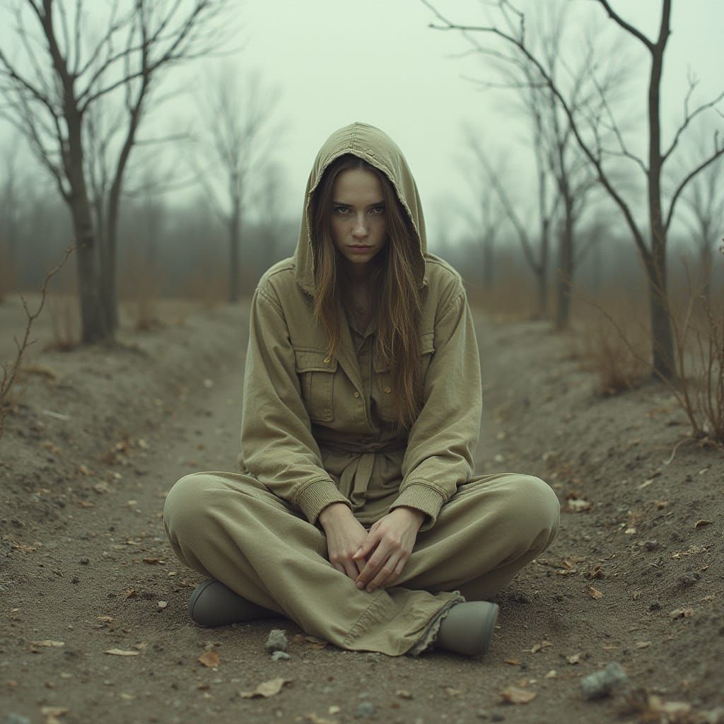 Desolate Woman in Barren Landscape: Dystopian Surrealism