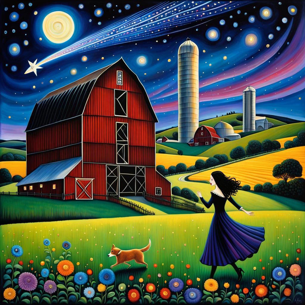 Gothic Woman and Puppy in Surreal Night Landscape