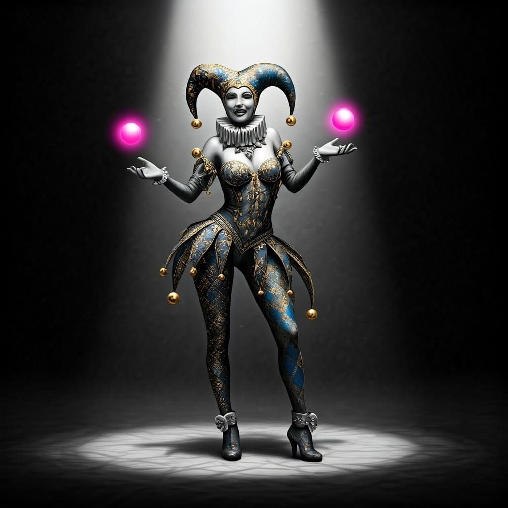 Elegant Monochrome Jester in Opulent Stage Attire