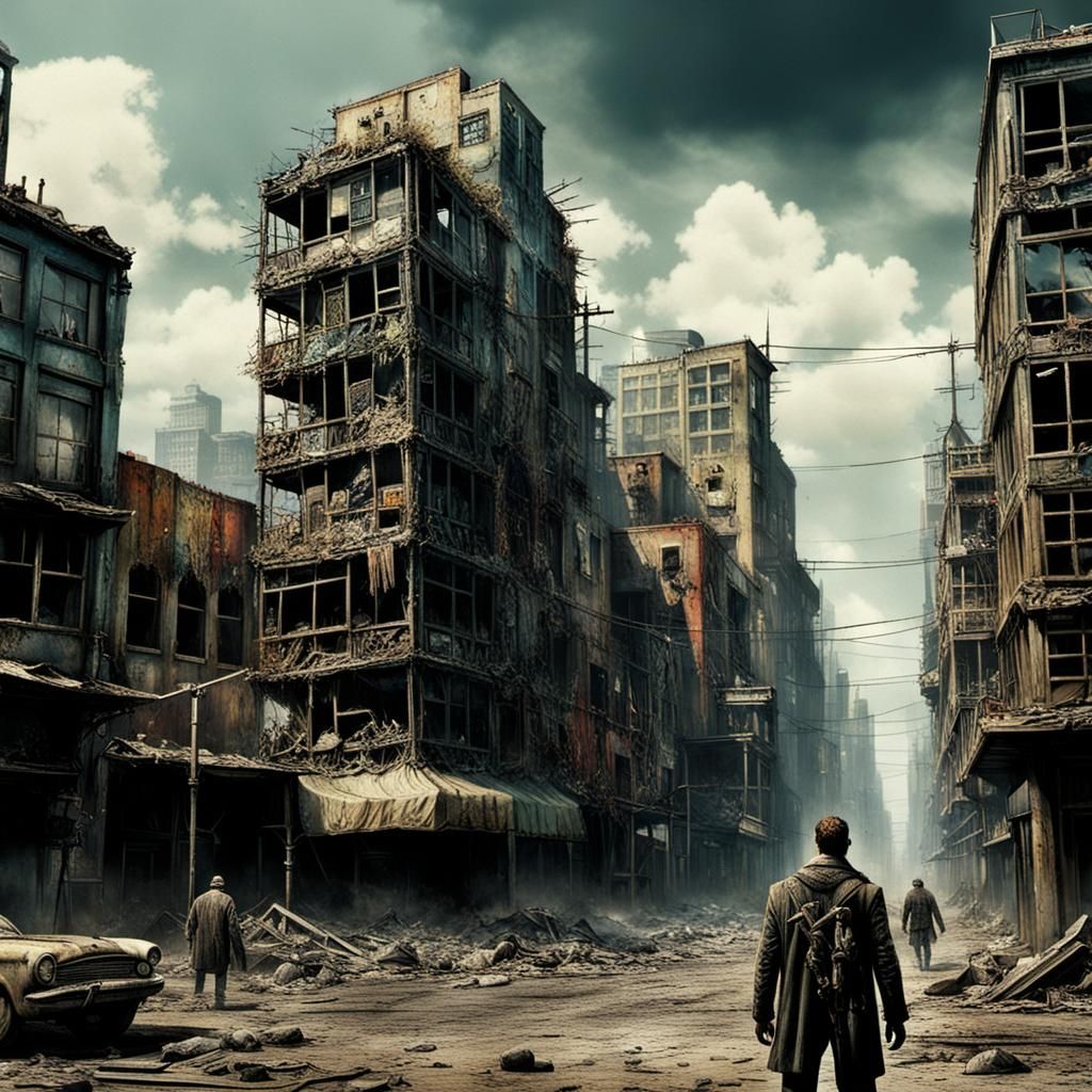 Post-Apocalyptic City with Smiling Figures in Encaustic Styl...