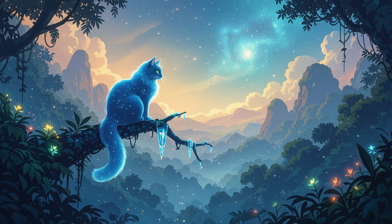 Bioluminescent Cat on Crystal Branch in Alien Jungle
