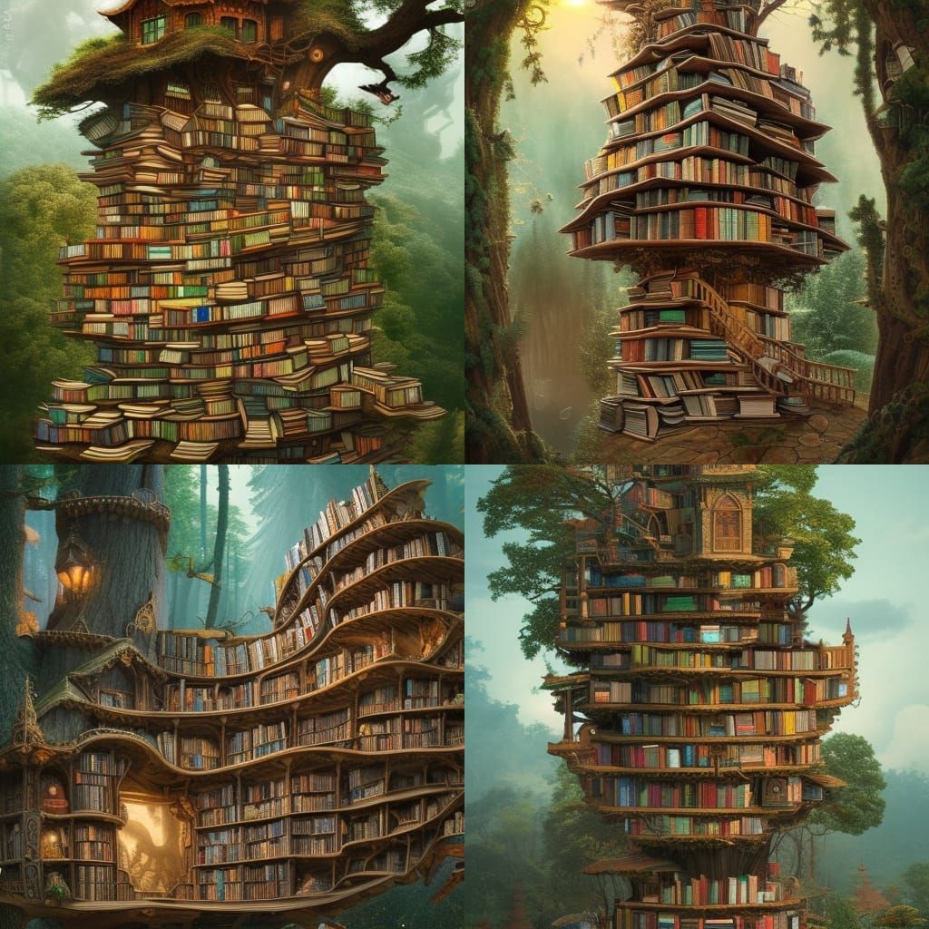 Ornate Treehouse Library in Detailed Digital Painting