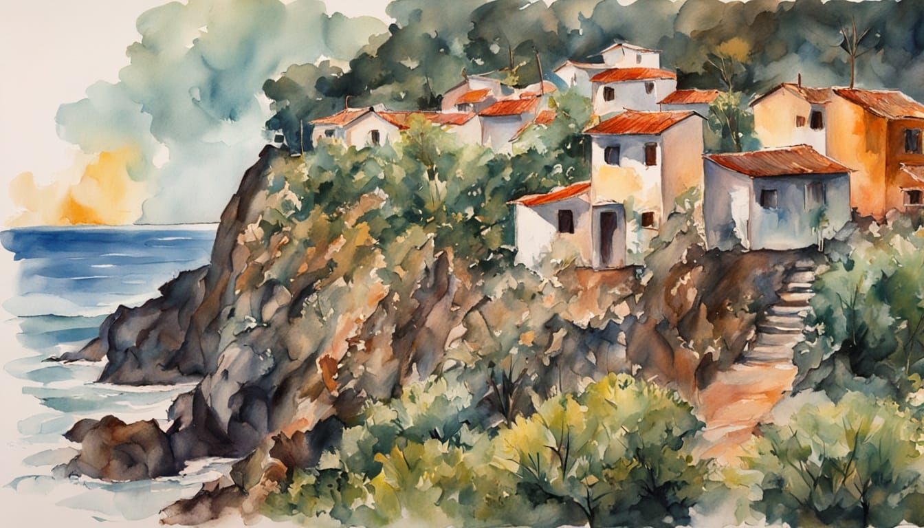 Tranquil Malay Village Under Full Moon Watercolor