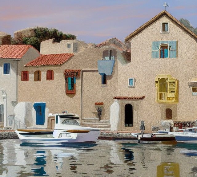 Seaside Mediterranean Town in Oil Painting Style