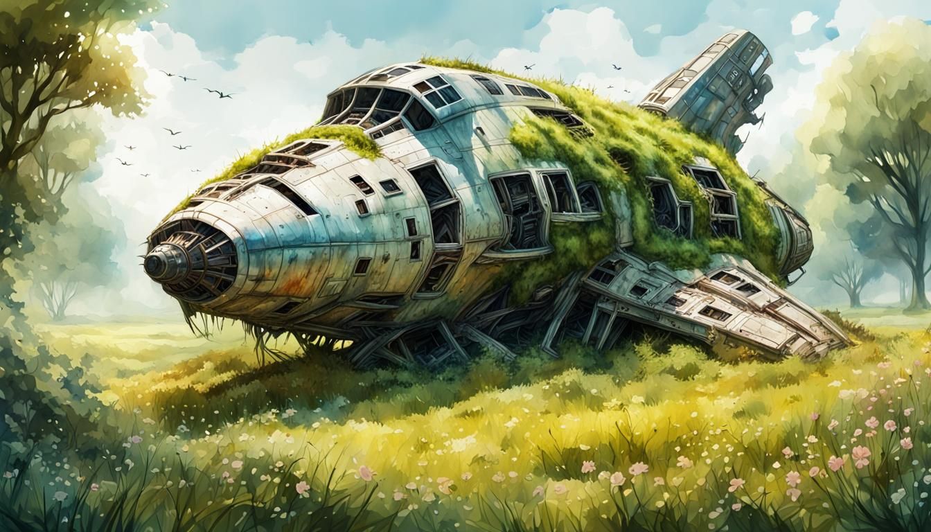 Overgrown Starship Wreck in Spring Meadow, Watercolour Illus...