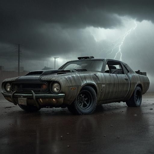Post-Apocalyptic Muscle Car in Wasteland Rain