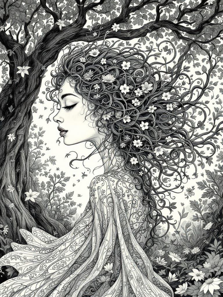 Woman Merging with Forest, Zentangle-Inspired Fractal Art