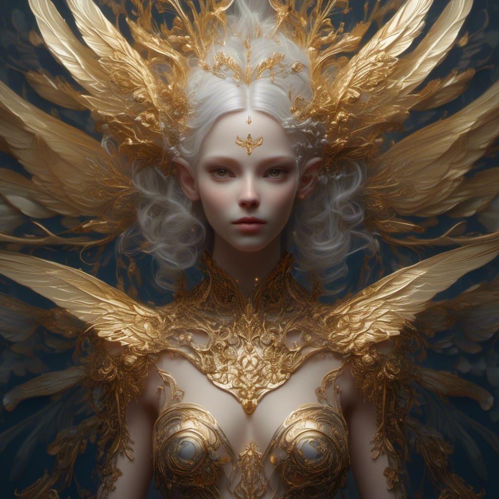 Porcelain Elf-Fairy with Golden Wings in Surreal Style