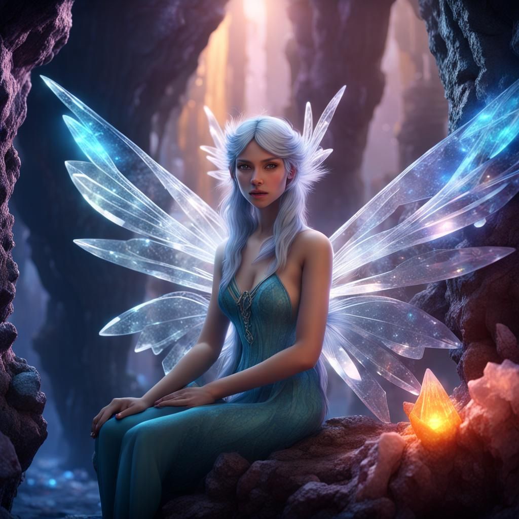 Crystal Fairy in Cave with Crystalline Wings