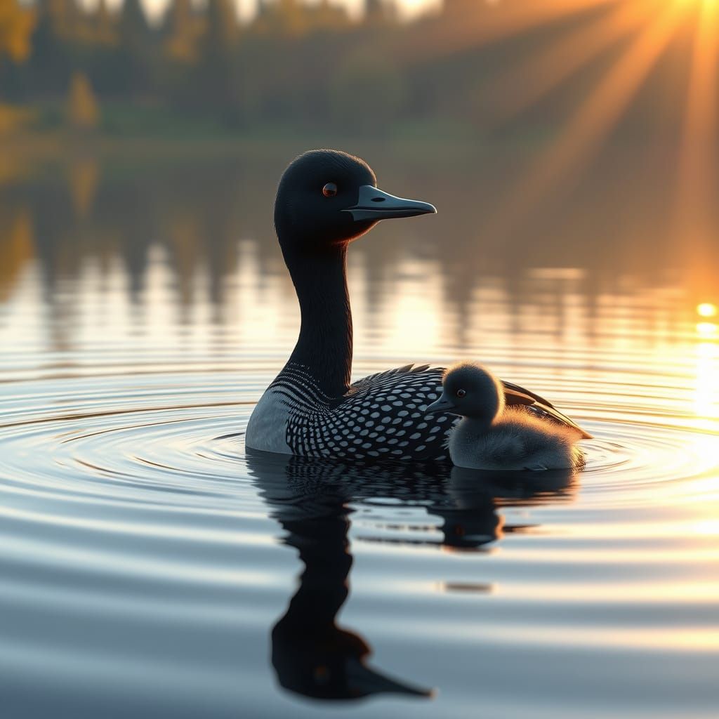 Loon Family at Sunrise: Realistic 3D Render