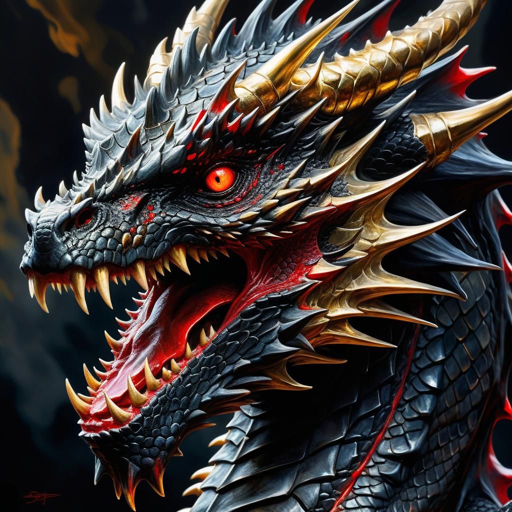 Dragon Eye Close-Up: Black, Gold, and Red Oil Painting