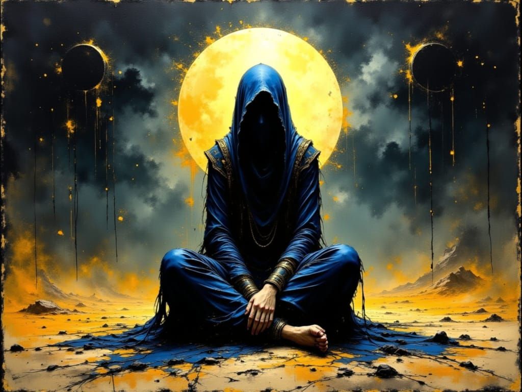Figure in Blue Robes Amid Fiery Desert Landscape