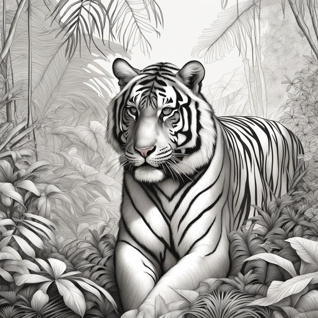 Hyperrealistic Line Art Tiger in Jungle