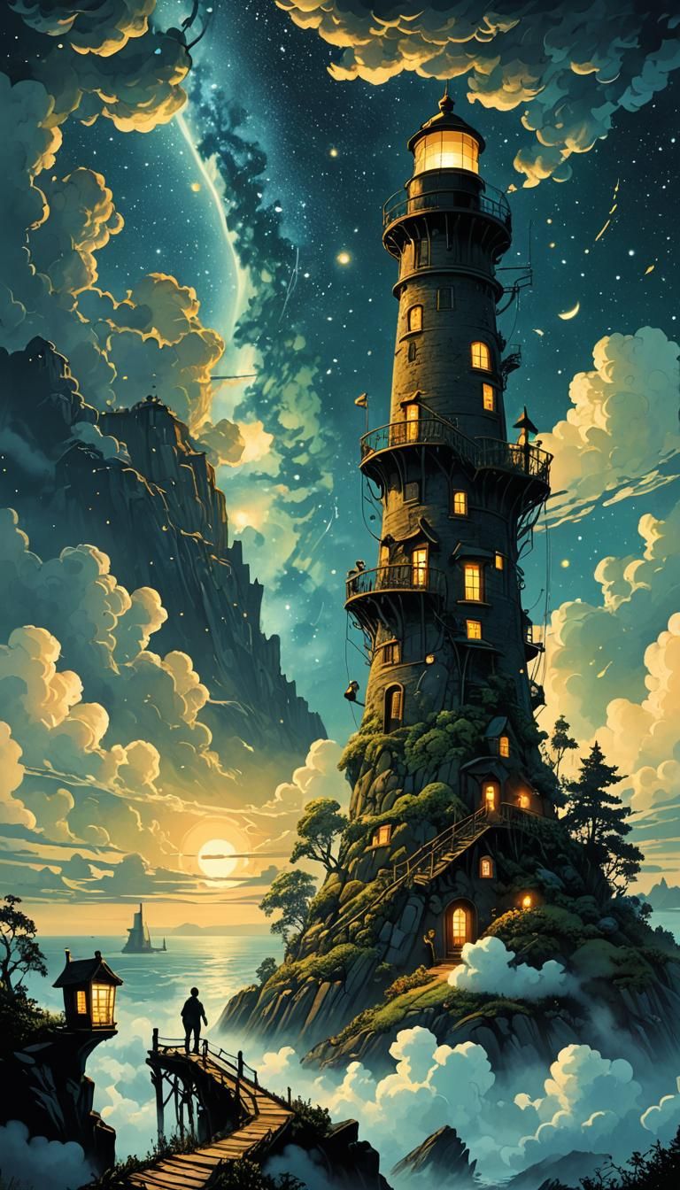 Boy's Lighthouse Adventure in Silhouette Animation Style