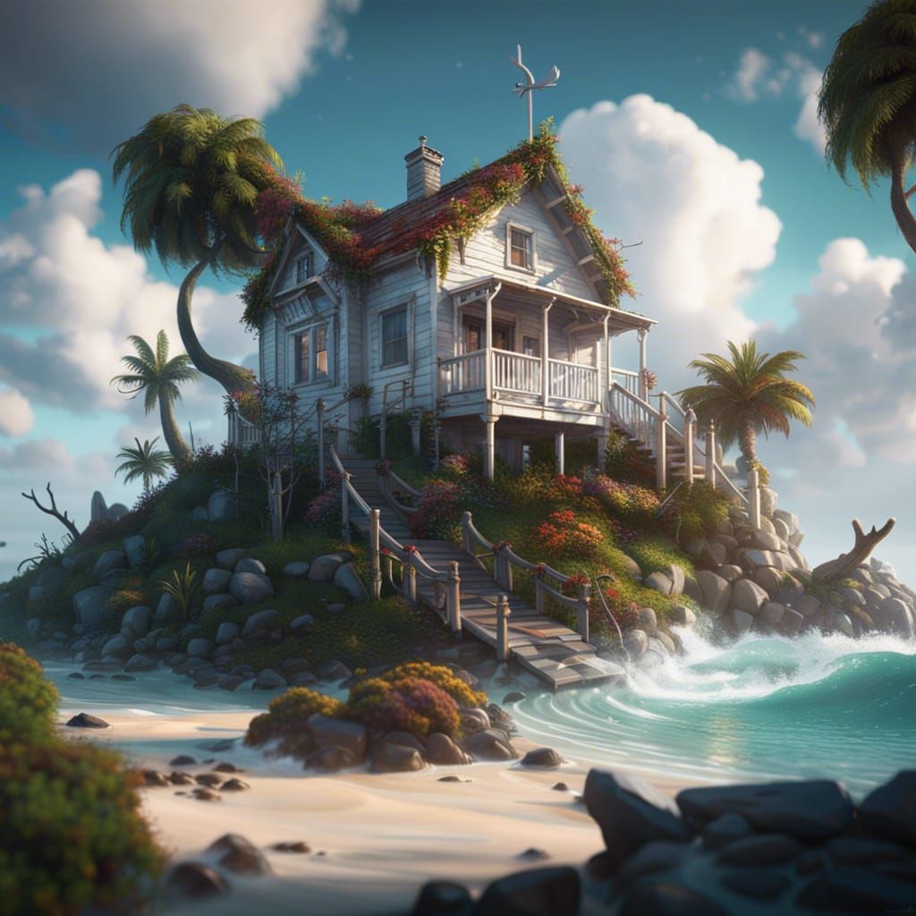 Cabin on Island in Stormy Ocean: Matte Painting