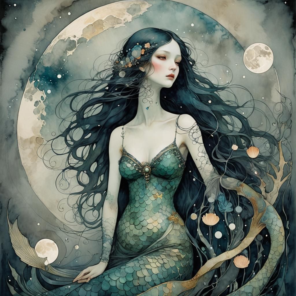 Mystical Mermaid Under Full Moon in Abstract Art