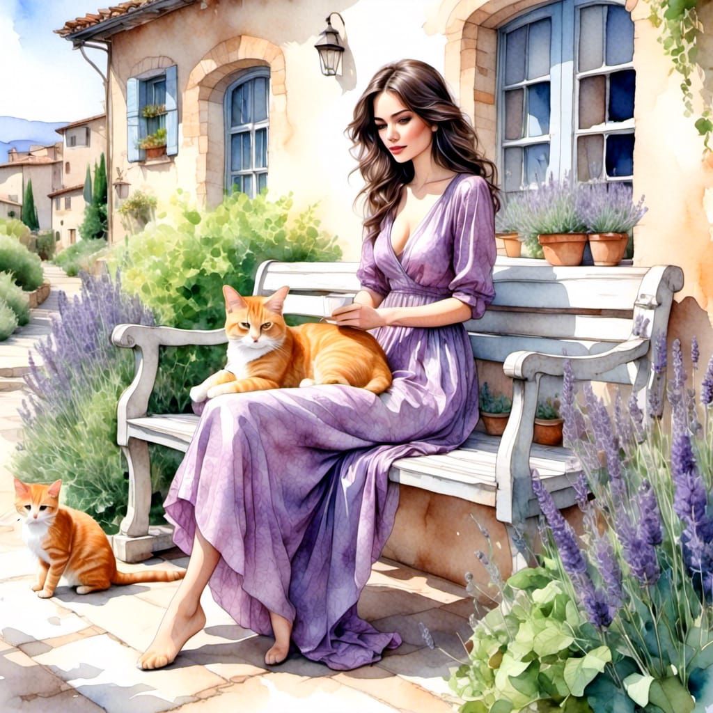 Woman with Cat in Provence Garden, Watercolor Style