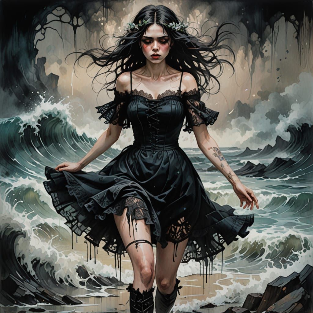 Goth Girl Fleeing Dark Wave in Dreamy Watercolor