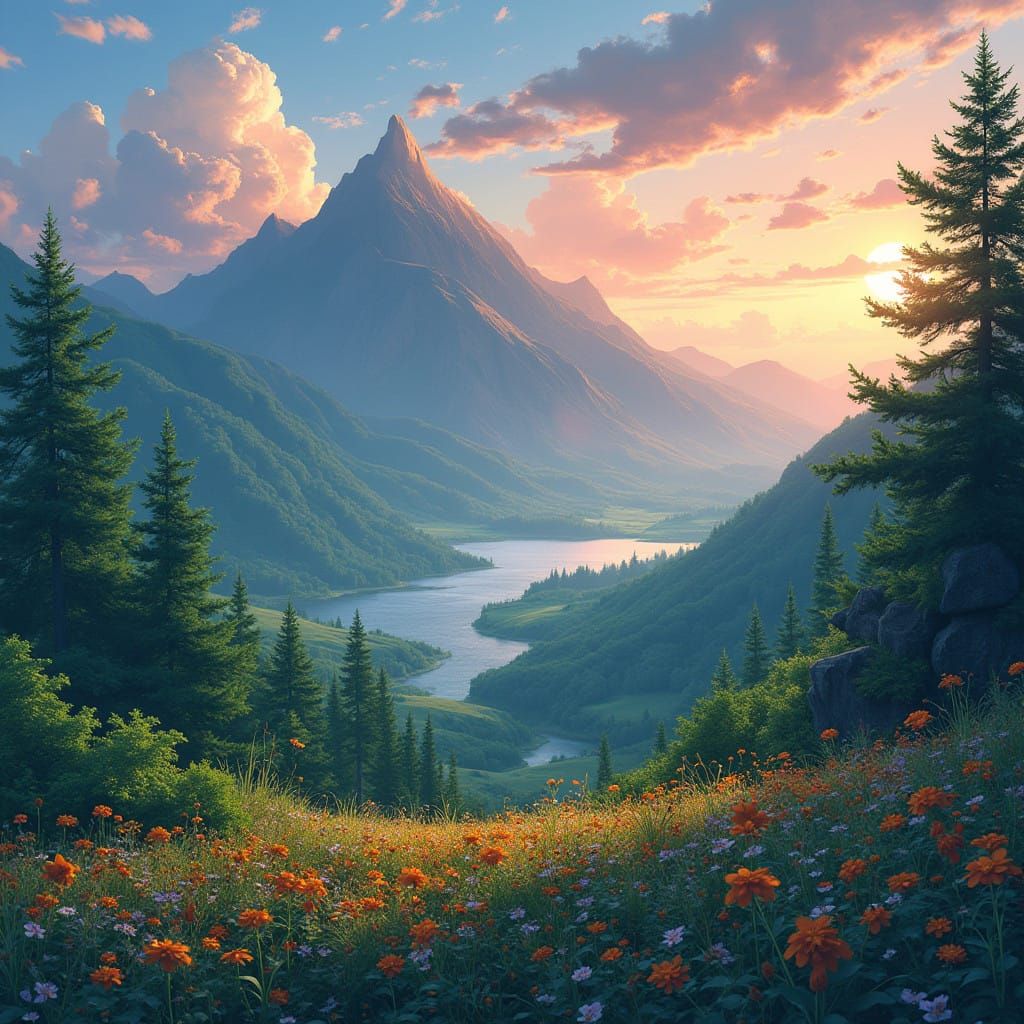 Surreal Anime Mountain Landscape with Serene Lake and Vibran...