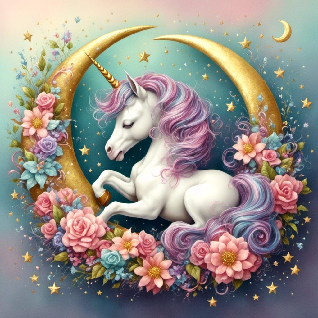 Sleeping Unicorn Baby on Crescent Moon