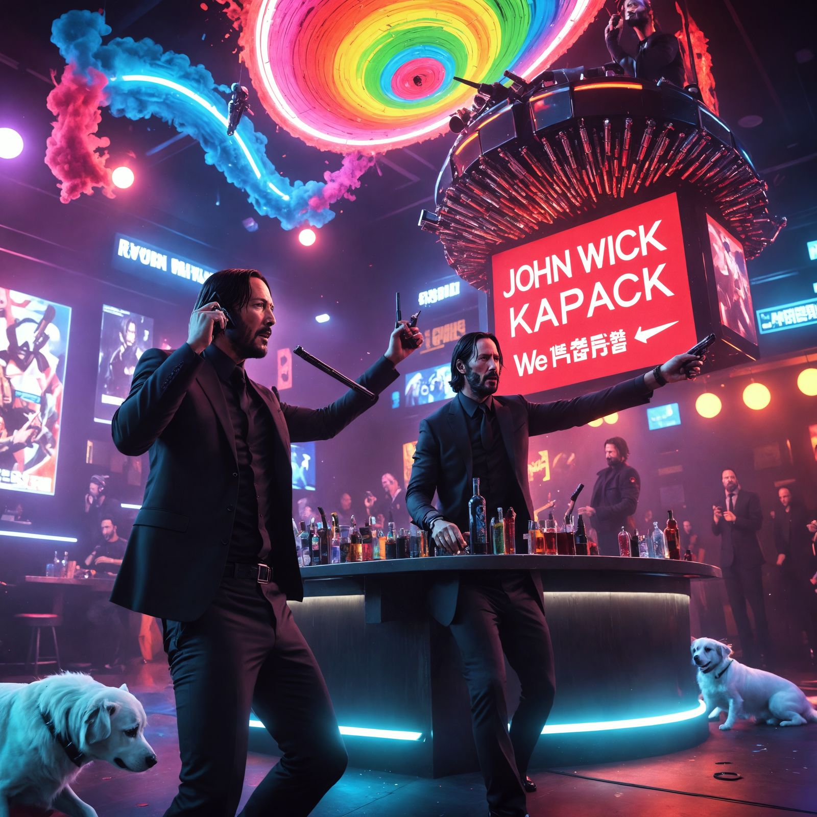John Wick and Deadpool Sing Karaoke in Cyberpunk Bar