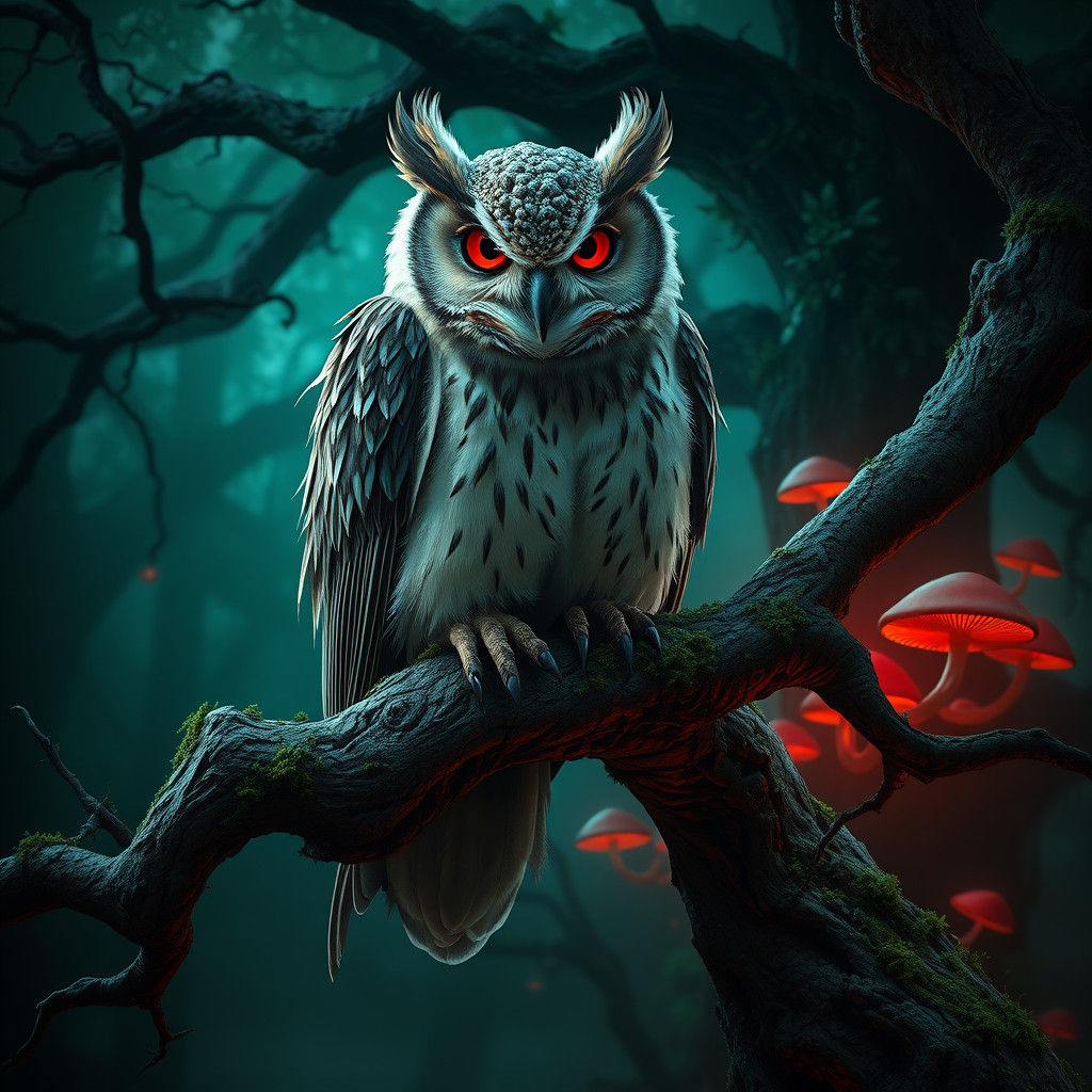 Haunting Owl in a Forest, Matte Painting Style