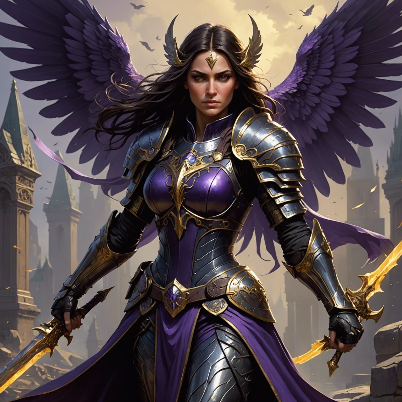Aasimar Warrior with Dark Wings, Hyperdetailed Concept Art