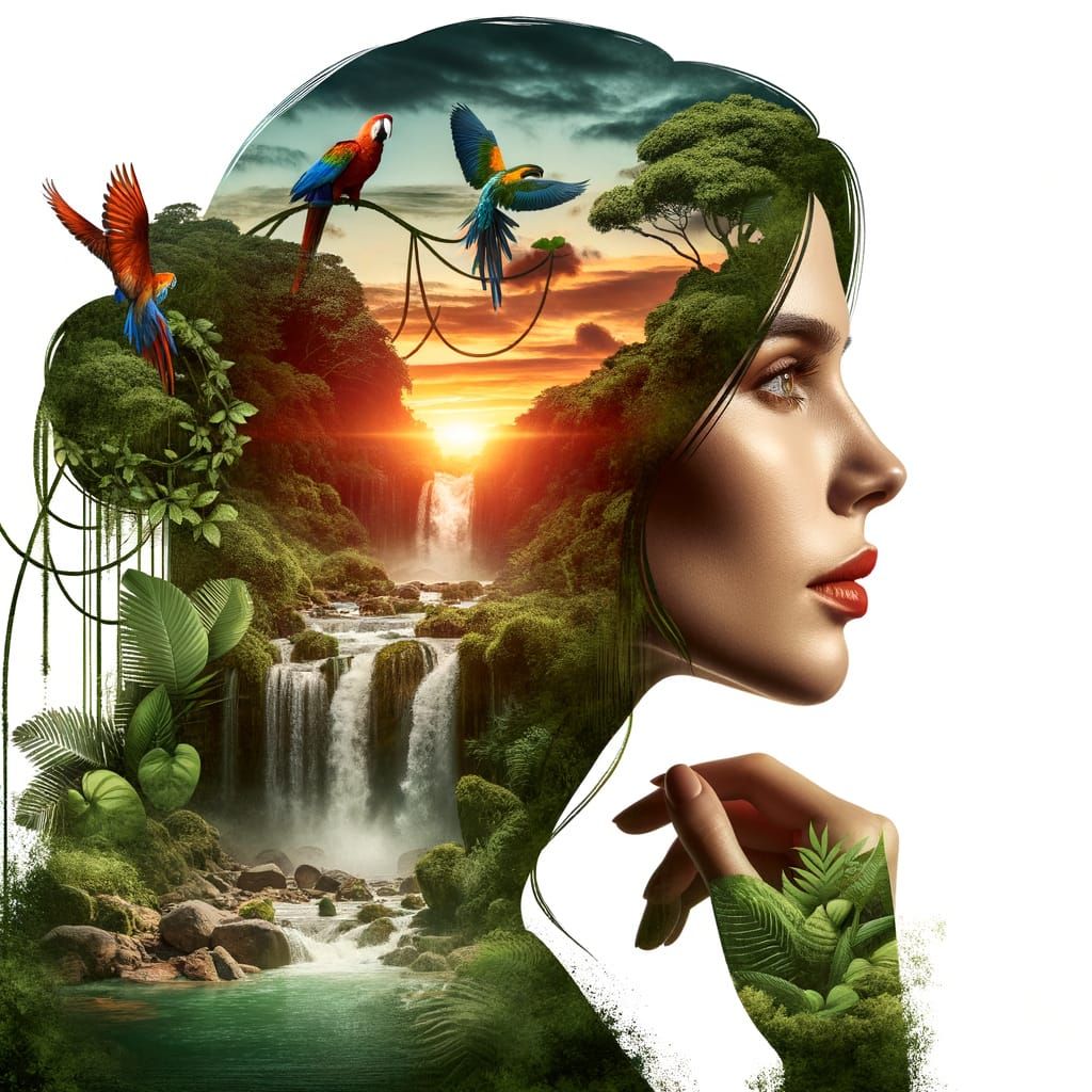 Woman and Waterfall Double Exposure Digital Artwork