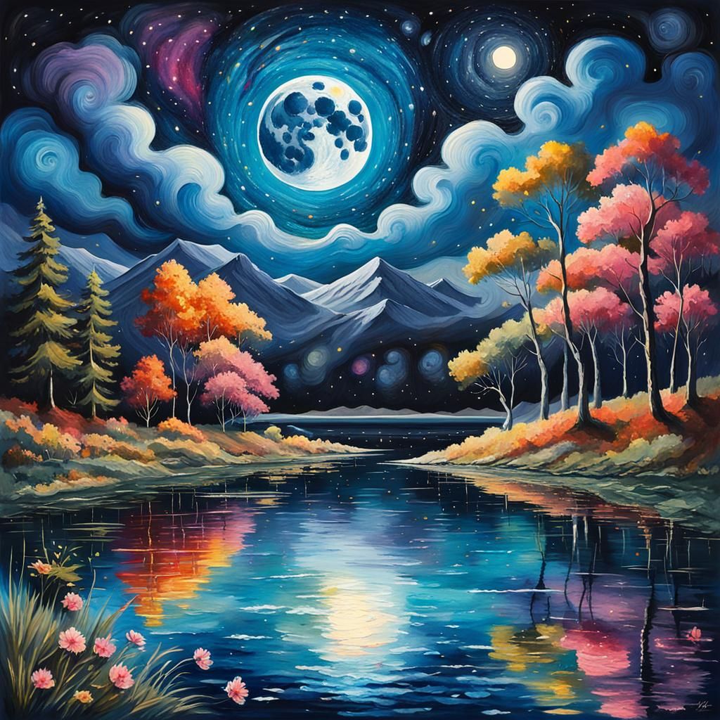 Midnight Lake Illuminated by Moon in Impressionist Gouache