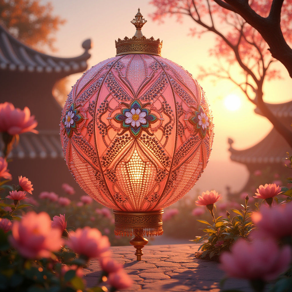 Ornate Asian Lantern in Romantic Garden at Sunset
