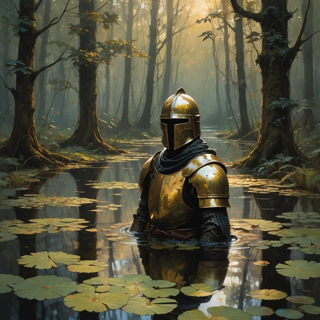 Knight's Rusted Helmet in Misty Woods: Matte Painting