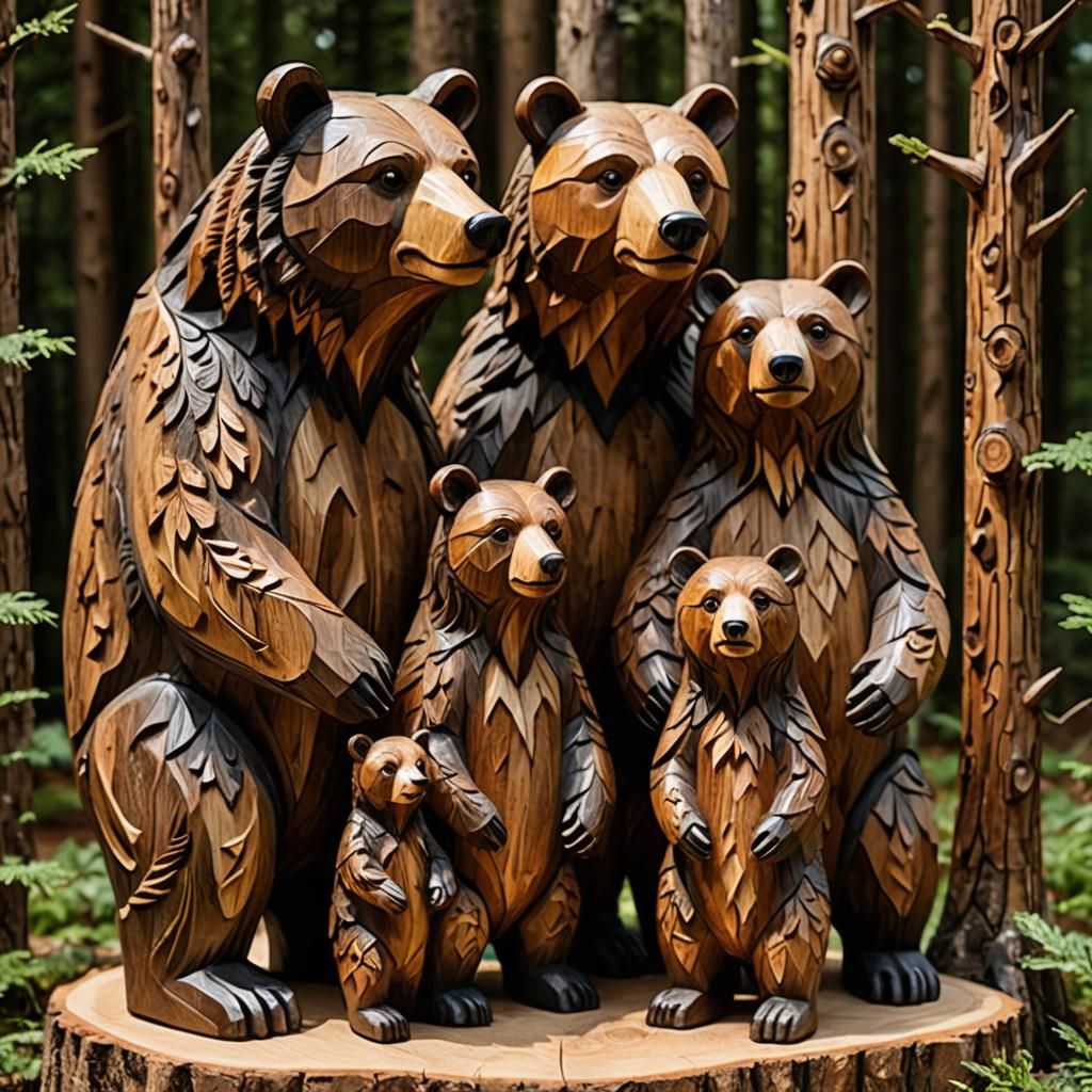 Hand Carved Wooden Bear Family in Forest