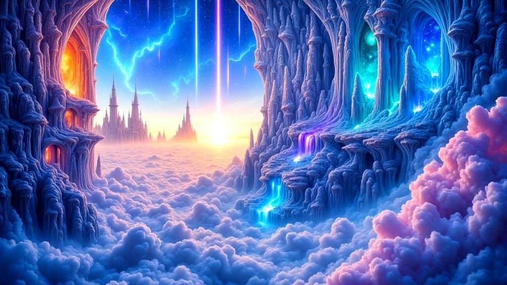 Whimsical Crystal Castle in Ethereal Sky