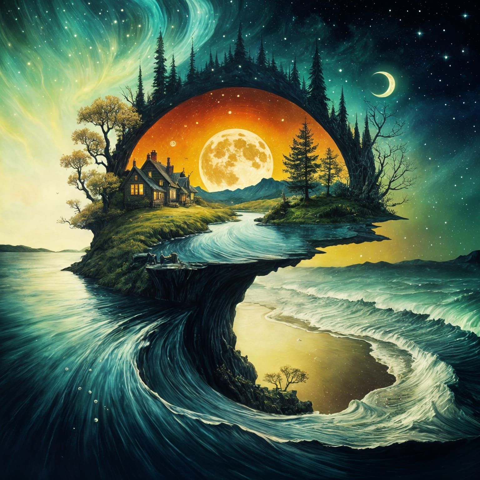 Whimsical Fairy Village in Starry Night Meadow