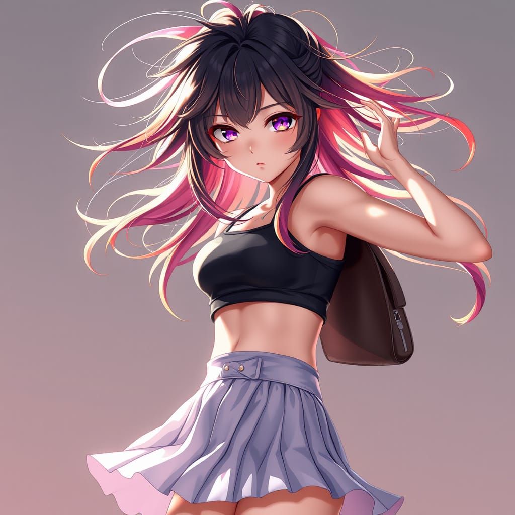 Vibrant Anime-Inspired Woman in Mini Skirt, Ultra-High Defin...