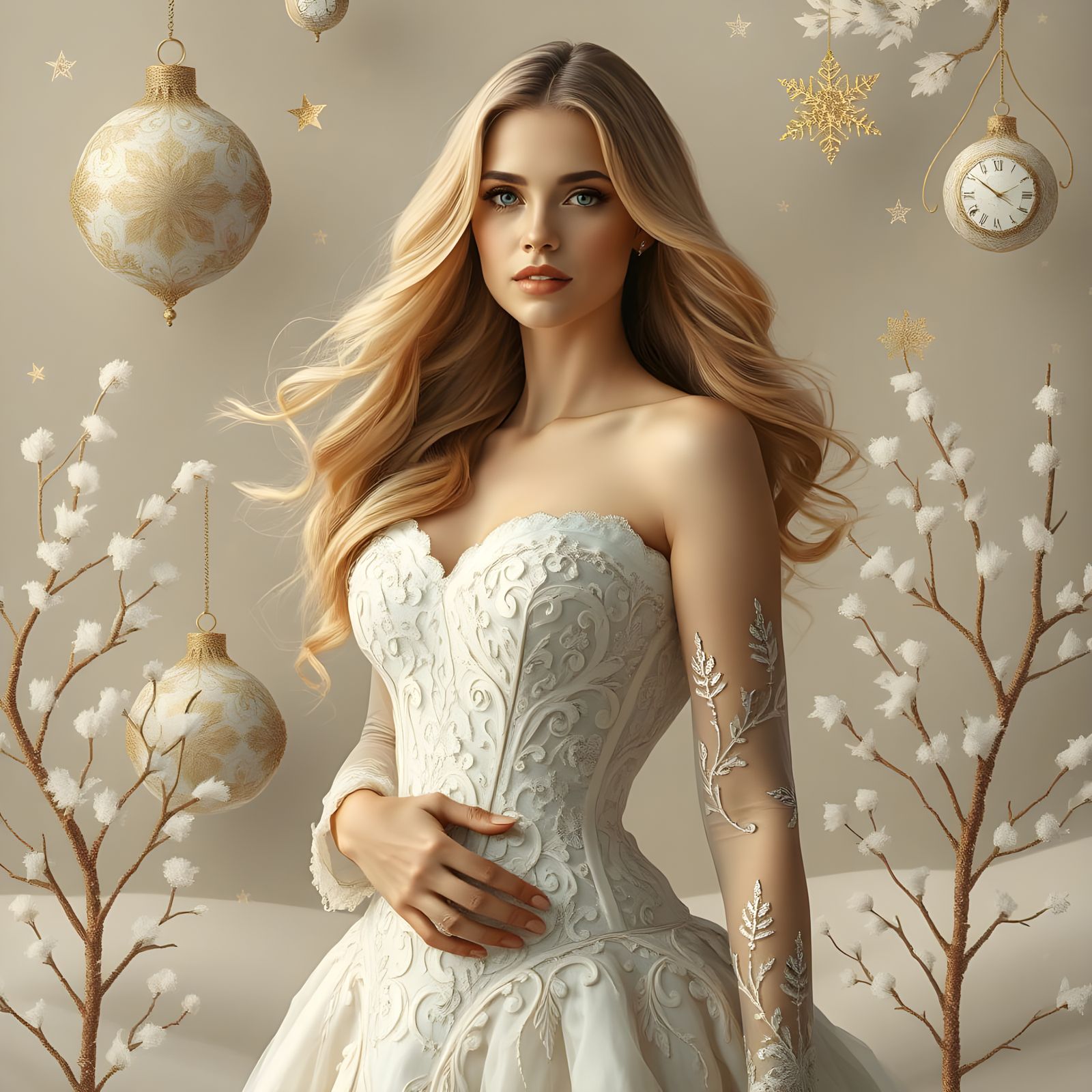 Ethereal Winter Goddess in Golden Splendor