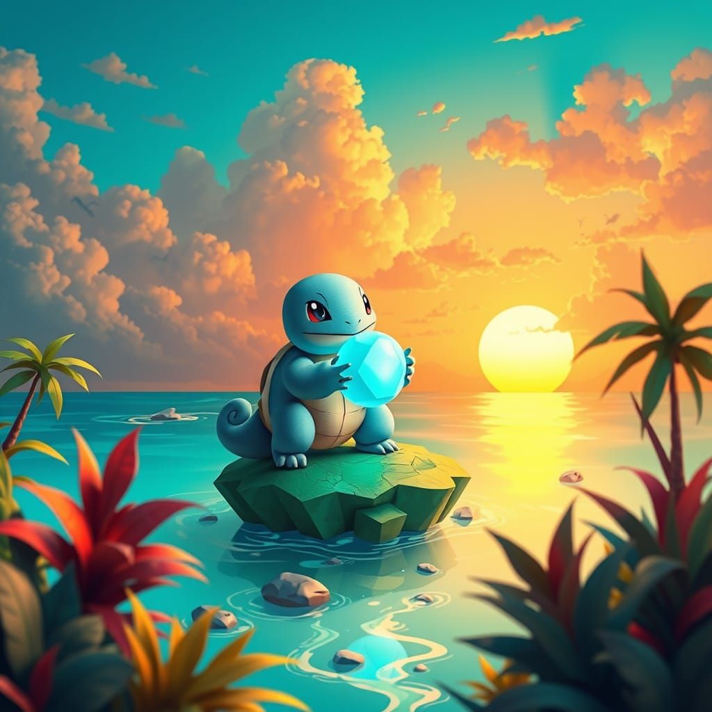 Squirtle on Island with Glowing Stone, Anime Style
