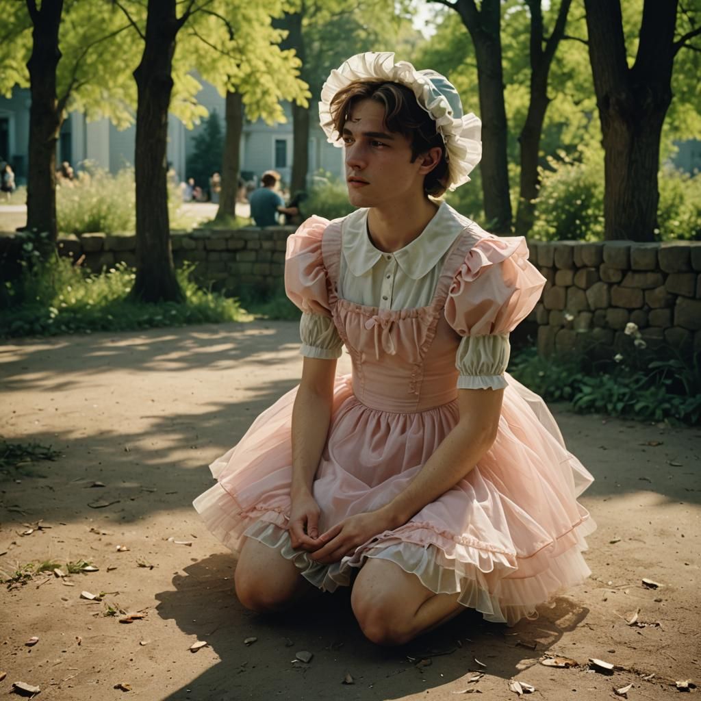 Boy in Petticoat and Bonnet Curtsies in Opulent Setting