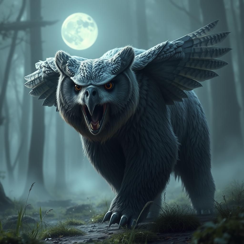 Moonlit Owl-Bear Shriek in Misty Forest