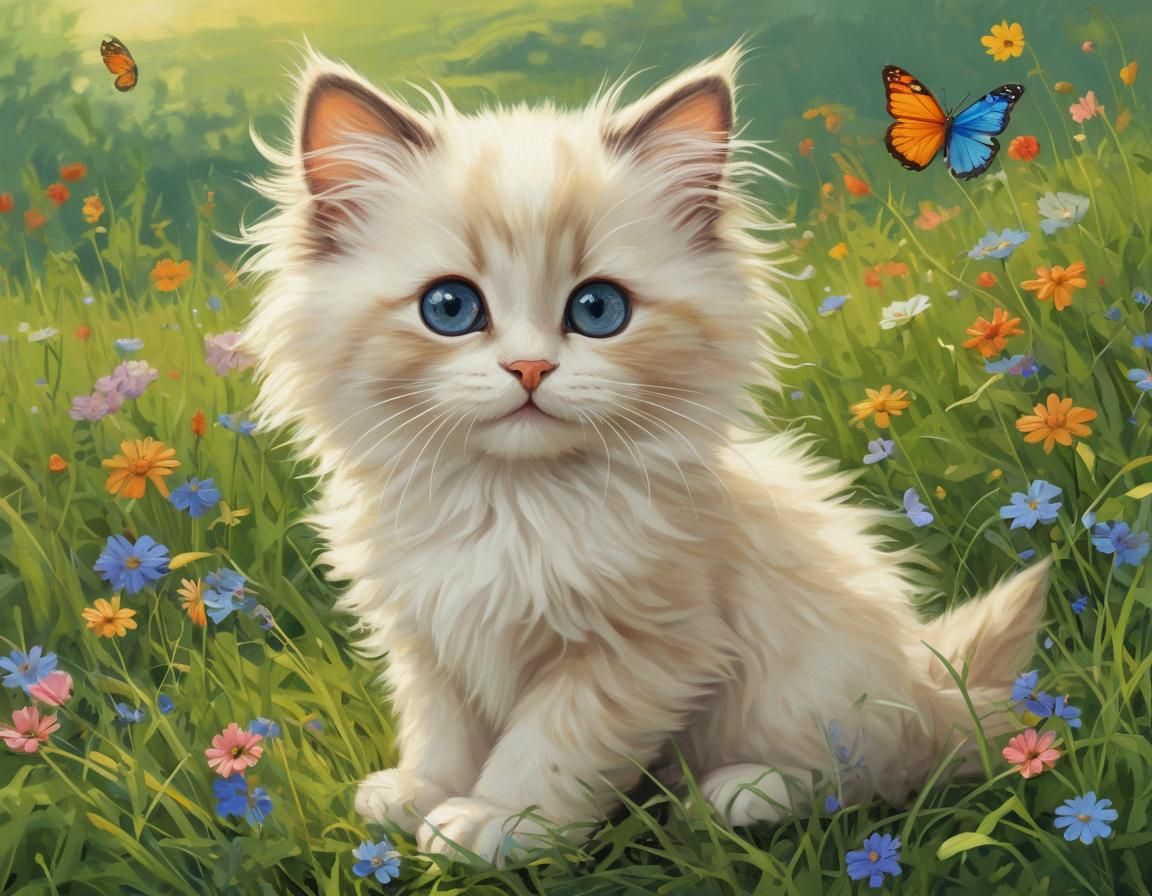 Pixar Kitty Plays with Butterfly in Candyland Gouache