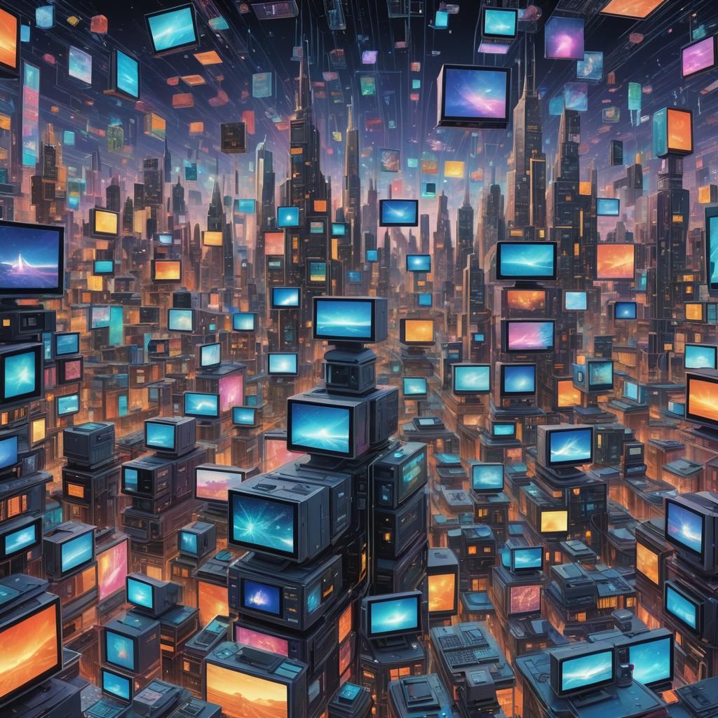 Futuristic Cityscape with Giant Tech, Holographic Illustrati...