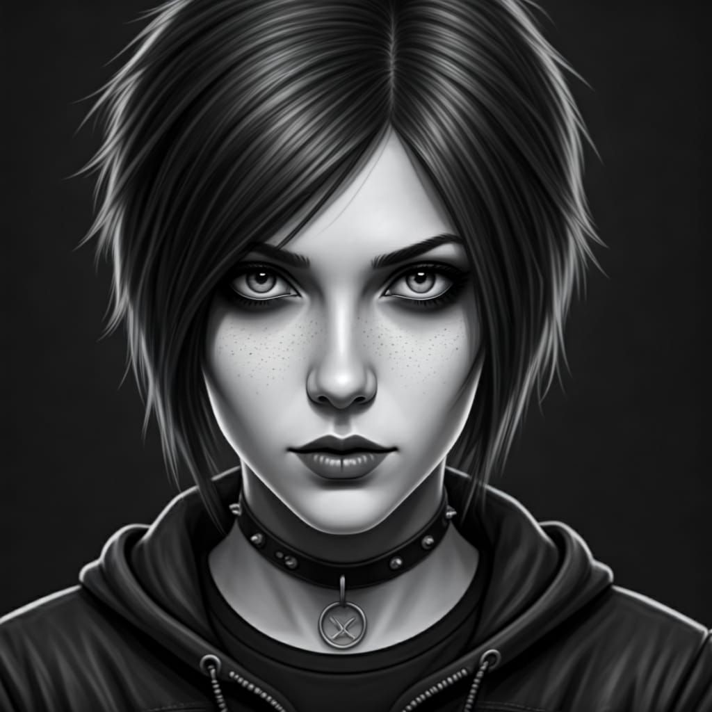 Detailed Charcoal Drawing of Young Emo Woman
